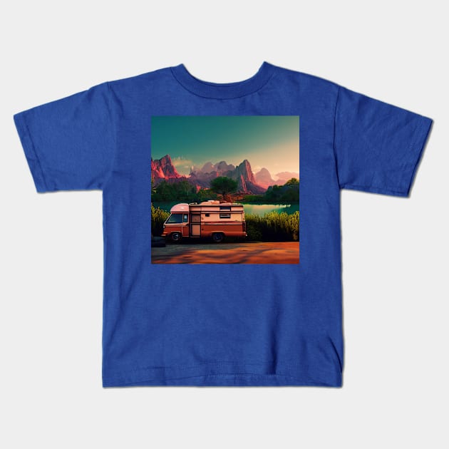 Van Life Camper RV Outdoors in Nature Kids T-Shirt by Grassroots Green